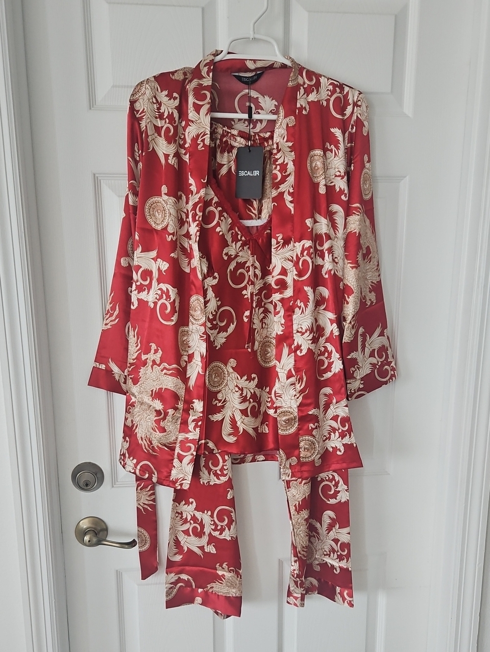 Escalier 3 Piece  Red & Cream Satin Pyjama Set